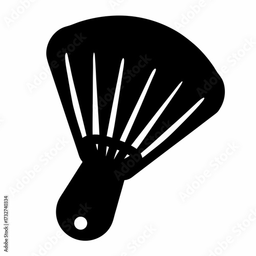 Handheld folding fan silhouette icon- Black silhouette of a traditional handheld folding fan, symbolizing cooling, summer heat relief, elegance, and cultural accessories for minimalist design use.
