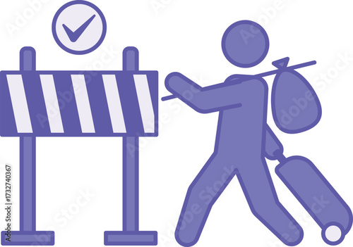 Colored Safe Passage Icon. Vector Illustration. Refugee with Suitcase Walking Through Permitted Barrier. World Refugee Concept