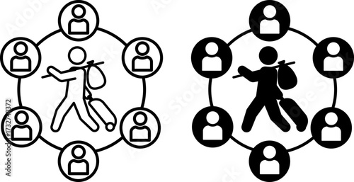 Community Support Icons. Black and White Vector Illustrations. Refugee with a Suitcase and People Around. Providing Support to People in Difficult Situations. World Refugee Concept