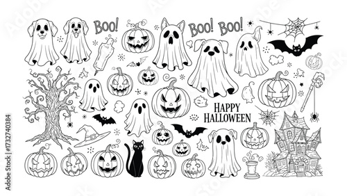 Spooky Halloween Elements: A whimsical assembly of Halloween-themed illustrations, from grinning jack-o'-lanterns to playful ghosts, and haunting trees, offering a touch of spooky charm. 