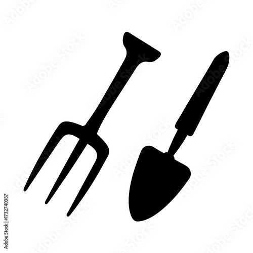 Black Silhouette Illustration of a Gardening Fork and Trowel on White Background