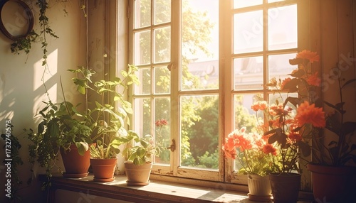Sunlit Window Display of Potted Plants and Flowers.