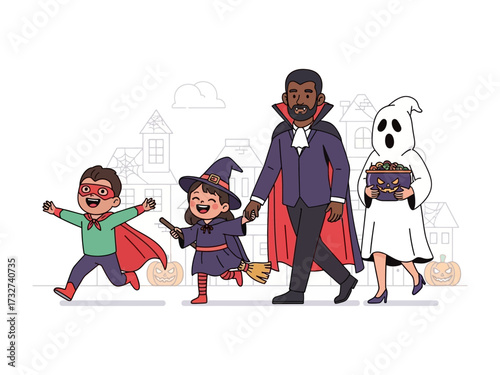 Halloween Costume Procession: A group of children, in vivid Halloween costumes, joyfully traverse a festive neighborhood. Their adult chaperone, in an ominous costume, walks alongside them.