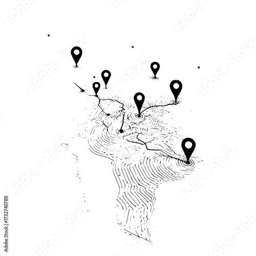 Stylized map of south america with location pins and ripple effect in black and white illustration
