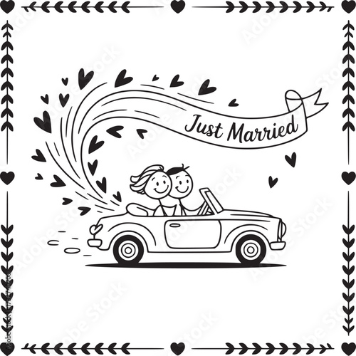 Newlyweds on a Joyride: Charming illustration of a just-married couple cruising in a convertible car, their happiness and love radiating through playful elements and decorations.