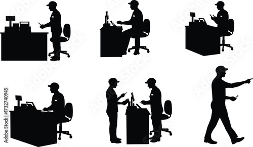 Silhouettes of diverse men working in various occupations, including a cashier, clerk, and service worker, isolated on a white background for design