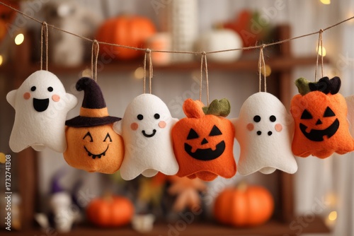 Colorful felt decorations are strung together, showcasing cheerful ghosts and a smiling pumpkin against a warm autumn background with decorative pumpkins nearby