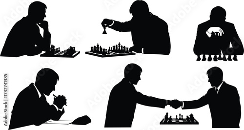 Set of diverse chess players silhouettes, captured in different poses while playing, thinking, and shaking hands, for a strategy and competition concept