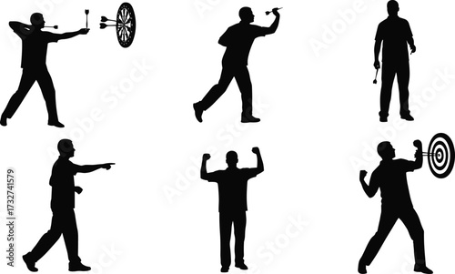 Set of diverse darts player silhouettes, captured in different dynamic poses while throwing, aiming, and celebrating, for a sports and recreation concept