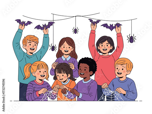 Halloween Preparations: Youngsters, full of joy and excitement, collaborate on festive decorations with playful creativity, crafting bat and spider motifs.