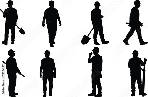 Silhouettes of diverse construction workers and laborers in various poses with tools, including shovels, isolated on a white background for design.