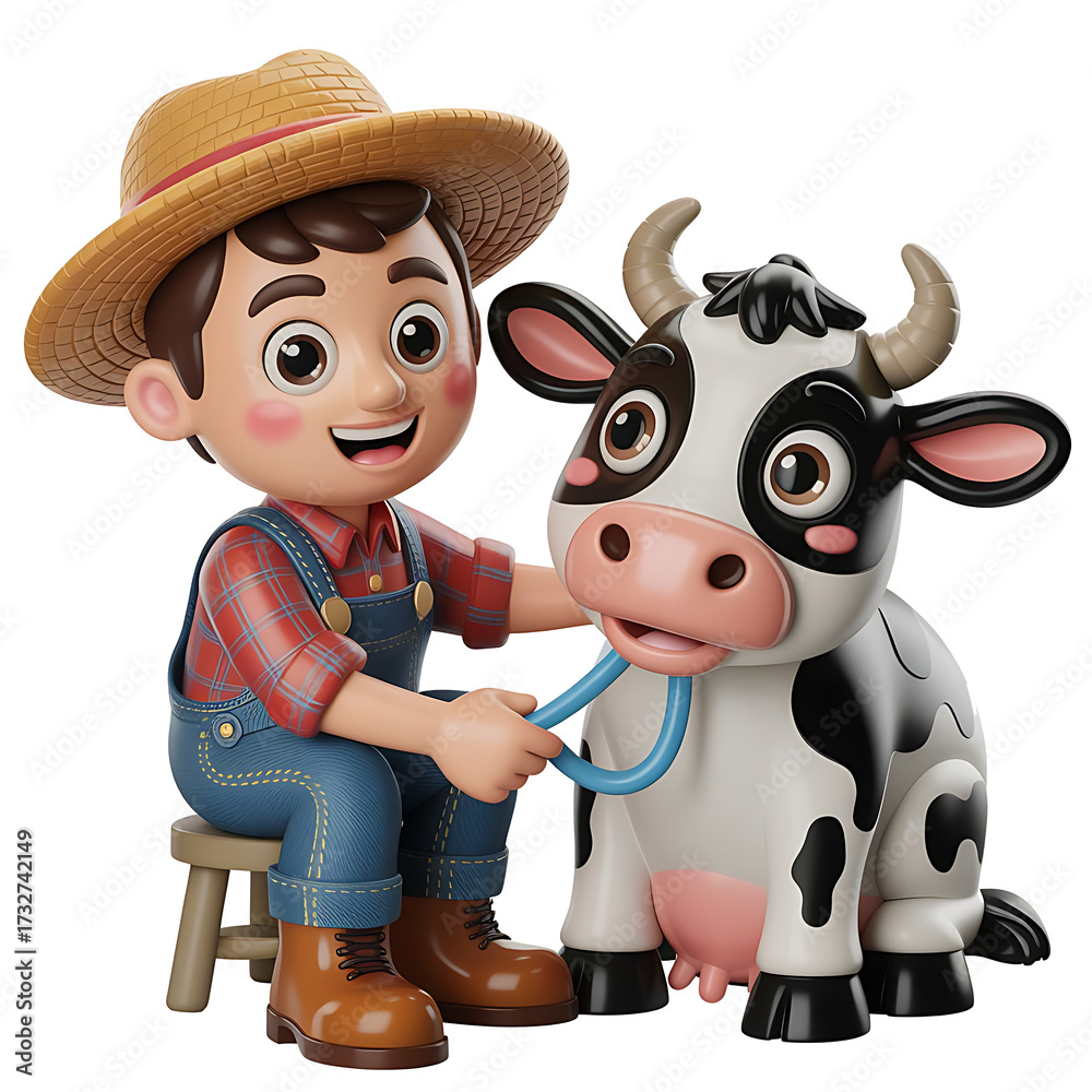 Fototapeta premium 3D Happy Man with Cow Farm Scene