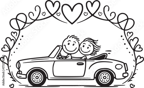 Love's Road Trip: A couple in a convertible, framed by hearts, embark on a romantic journey, capturing the joy of travel and love.