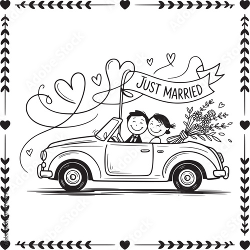 Just Married: A heartwarming illustration of a newlywed couple happily riding away in their vintage convertible car, adorned with festive decorations and floral bouquet.
