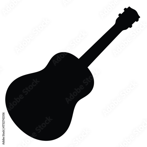 Silhouette of an acoustic guitar with strings, frets, and tuning pegs
