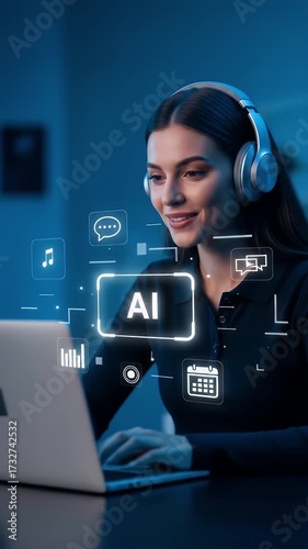 A young woman sitting at a desk, wearing headphones, and working on a laptop. The overall atmosphere is modern and futuristic, highlighting the integration of AI in digital tasks, productivity, and mu
