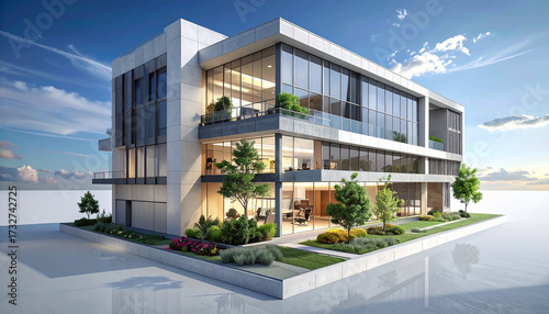 Modern office reception area with city views
3