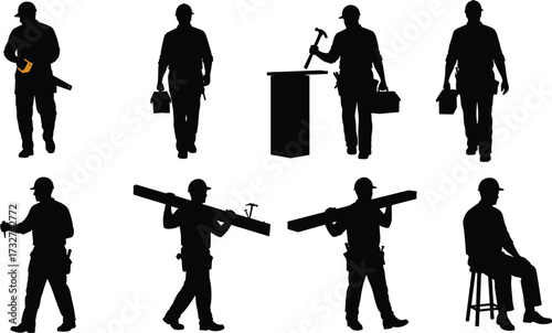 Silhouettes of diverse construction workers and handymen in various poses with tools, isolated on a white background for design