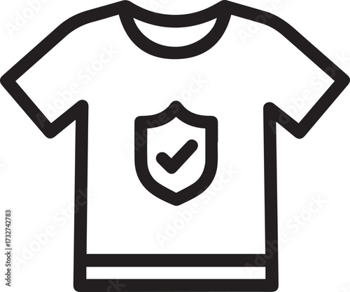 Modern t-shirt icon with shield and checkmark emblem, symbolizing quality apparel and reliable clothing brands for fashion and design projects.