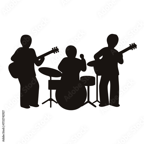 Silhouette of a Musical Band Performing with Guitars and Drums on Stage