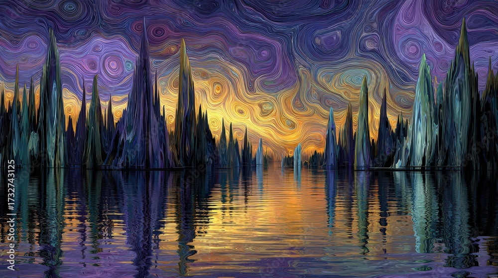 Obraz premium Vivid, swirling colors paint a surreal landscape, featuring jagged, towering formations reflected in calm, mirrored water under a vibrant, textured sky, creating an abstract, dreamlike scene.