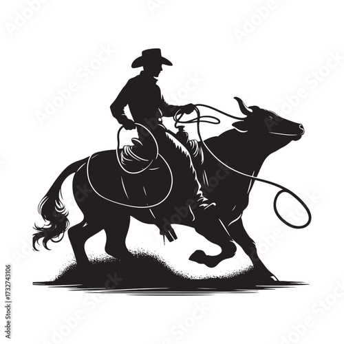 Black and White Silhouette Cowboy Roping Calf Illustration