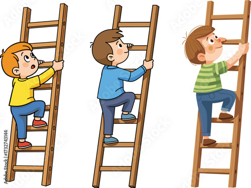 Cartoon boys climbing wooden ladders illustration, playful children outdoor activity vector for educational books, school games and creative learning designsCartoon boys climbing wooden ladders 