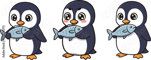 Adorable cartoon penguins holding fresh fish in cute arctic wildlife illustration for winter animal character, ocean nature, and educational vector designAdorable cartoon penguins holding fresh fish 