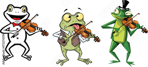 Cartoon frogs playing violins illustration, funny amphibian musician character vector for music education, entertainment, children’s books and creative design conceptsCartoon frogs playing 