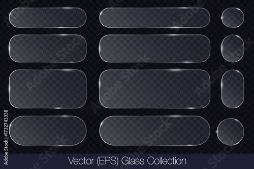 Realistic 3D glass transparent button set, round, square and rectangle frame with glare, flat glass or plastic plate, flat transparent glass lens, realistic screen glass, window mock