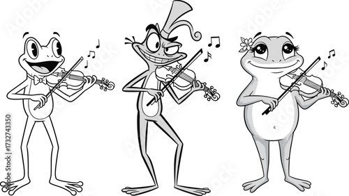 Colorful cartoon frogs and toad characters happily playing violins in musical performance scene with notes, joyful amphibian orchestra illustration vectorColorful cartoon frogs and toad characters