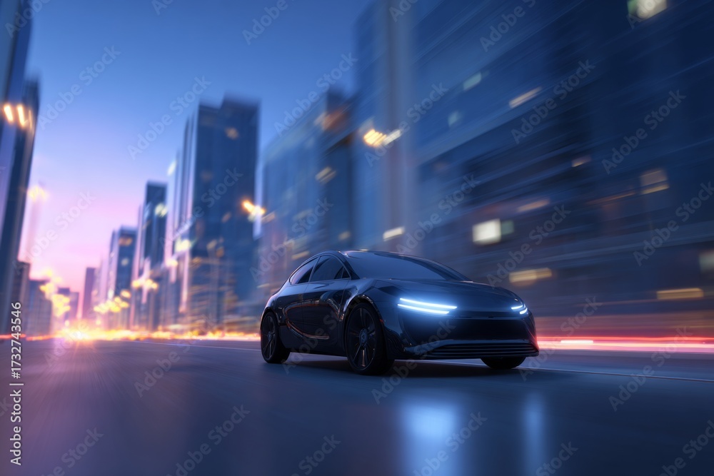Naklejka premium A sleek black car moves swiftly on a city road lined with tall buildings glowing in twilight. The blurred lights create a sense of motion and excitement in an urban environment