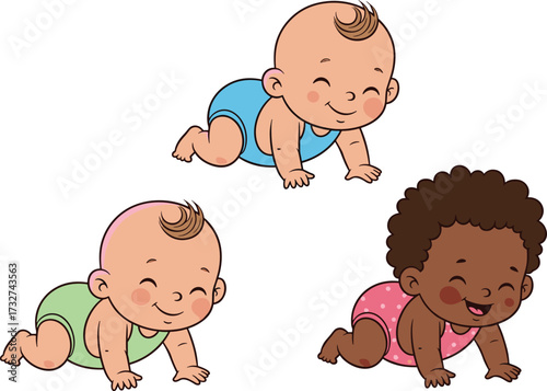 Cute crawling baby cartoon characters in colorful clothes smiling and playing for childcare, parenting, nursery, and early childhood vector illustration designCute crawling baby cartoon characters 