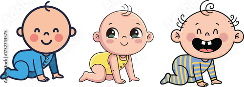 Cute crawling baby cartoon characters in colorful outfits smiling and playing for parenting, childcare, nursery, and early childhood vector illustration designCute crawling baby cartoon characters 