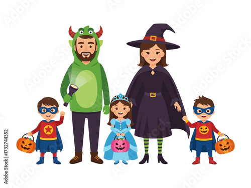 Family Halloween Fun: A heartwarming family portrait of a group adorned in festive Halloween costumes, capturing the spirit of celebration, joy, and togetherness during the autumn season.
