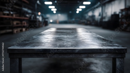 An empty reflective metal table stands prominently in the foreground of a dimly lit industrial warehouse with a blurred background