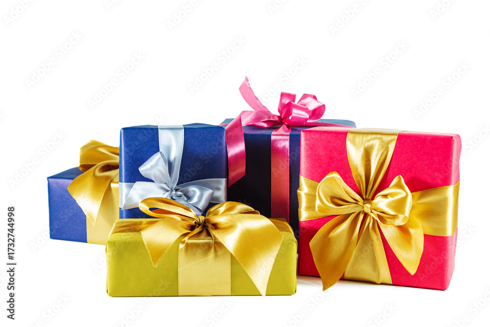Obraz premium Elegant blue, gold and pink gift boxes with bows isolated on white background.