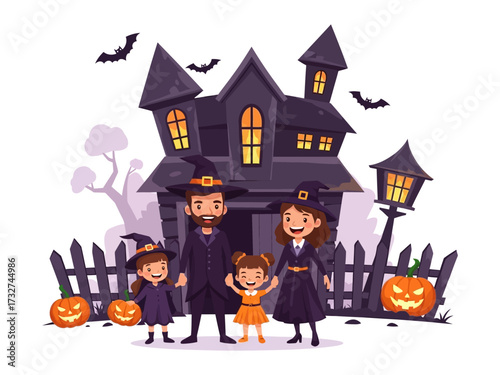 Halloween Family Portrait: A heartwarming illustration of a family, dressed in festive costumes, standing in front of a spooky haunted house. pumpkins and bats add to the festive ambiance.