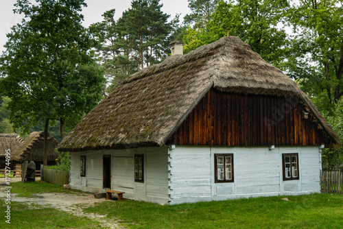 This picturesque image features a charming traditional thatched cottage nestled in a serene rural landscape. The whitewashed wooden structure with a steeply pitched straw roof stands surrounded 