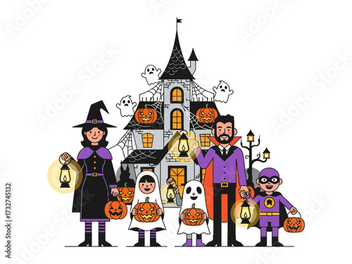 A Spooktacular Gathering: A family prepares for an evening of trick-or-treating in front of a spooky house, adorned with classic Halloween elements.