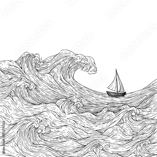 A monochrome drawing depicting a sailboat navigating through a turbulent sea with large crashing waves around it