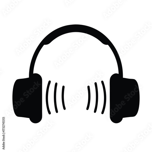 Black headphones emitting sound waves on a plain white background illustration