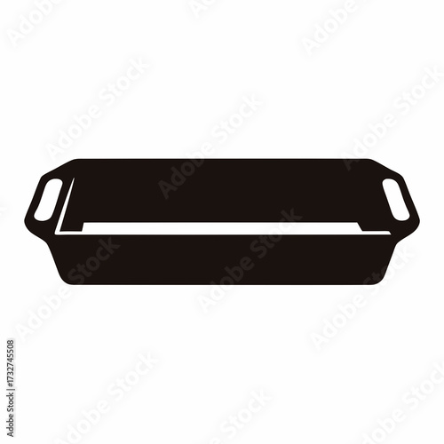 Black Baking Dish Silhouette Isolated-Minimalist black silhouette of a rectangular baking dish with handles, isolated on white background for cooking, kitchen, and cookware
