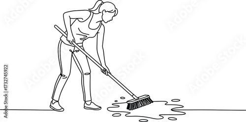 Woman cleaning floor with broom vector illustration line art home cleanup