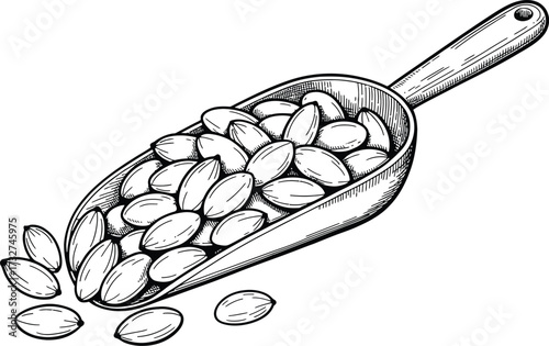 Illustration of almonds in a wooden scoop for healthy snack and food concept