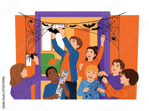 Halloween Decorating Fun: A group of children collaborate, eagerly decorating a doorway with festive Halloween ornaments, a joyful scene filled with youthful energy and anticipation.