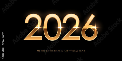 2026 Happy New Year background. Greeting card with gold numbers template. Festive Christmas horizontal social media banner design with congratulations. Realistic vector illustration on black.