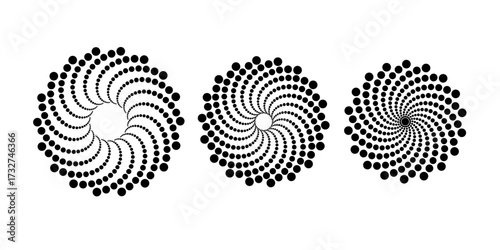 Black spiral dot patterns in circular motion forming radial vortex effect. Abstract optical illusion symbols with dynamic movement and growth from center. Decorative geometric vector illustration.