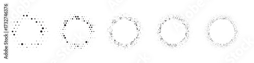 Halftone circle patterns with random dot distribution. Circular frames made of gradient dots with varying sizes and opacity on white background. Minimalist vector illustration.