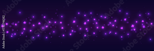 Casino background. Flying purple glowing playing cards on black background. Sparkling hearts, clubs, diamonds and spades on dark. Online gambling concept. VIP abstract vector illustration.